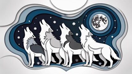 Fototapeta premium Four Howling Wolves Silhouetted Against a Starry Night Sky