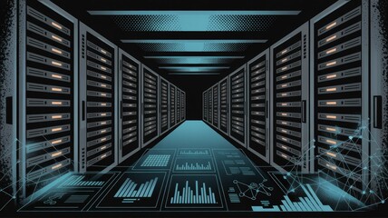 Data Center Interior with Server Racks and Digital Interface Elements