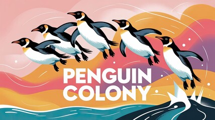 Naklejka premium Penguins Flying Over Colorful Landscape with Abstract Background