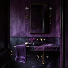A bathroom with a purple marble sink and a gold mirror