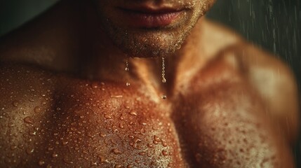 Close-up of water droplets gliding down skin in soft light, revealing abstract calm, clarity, and cinematic macro realism through texture and reflection.
