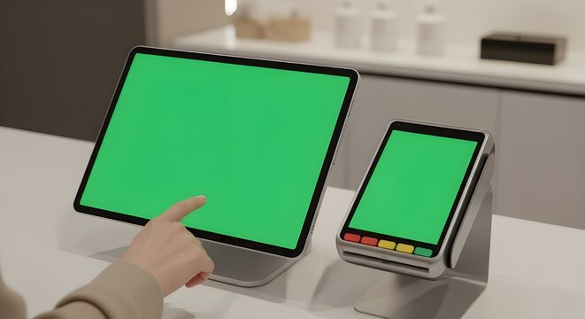 person using green screen tablet next to payment terminal