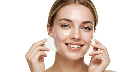 Smiling Woman Peeling Off a Clear Face Mask for Radiant Skin