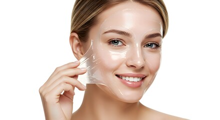 Smiling Woman Peeling Off a Face Mask for Radiant Skin