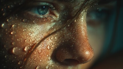 Close-up of water droplets gliding down skin in soft light, revealing abstract calm, clarity, and cinematic macro realism through texture and reflection.