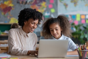 Online Learning Session with Afro-American Teacher and Young Student on Laptop