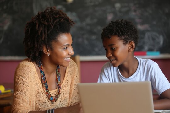 Online Learning Session with Afro-American Teacher and Young Student on Laptop