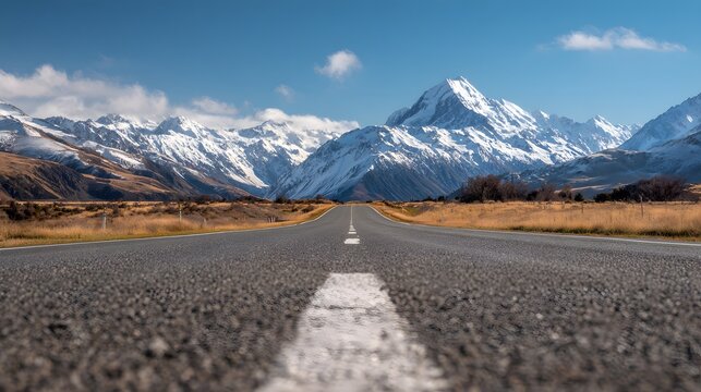 Asphalt road leads to majestic snow-capped mountains under a blue sky.