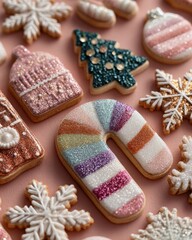 Fototapeta premium Colorful Christmas Cookies with Glitter and Festive Shapes