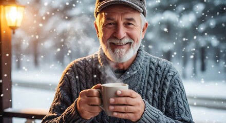 A smiling, bearded senior man wearing a knitted sweater and cap, holding a steaming mug of a hot beverage outdoors in a snowy winter setting.