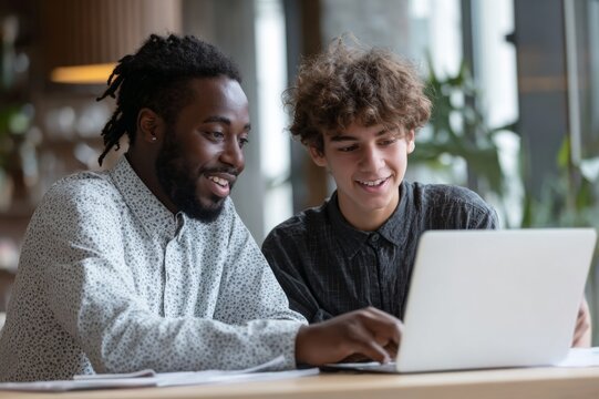 Online Learning Session with Afro-American Teacher and Young Student on Laptop