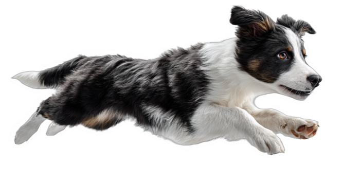 A black and white dog is in mid - run, showing its active and energetic state with stretched legs.