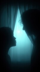 Two silhouettes glow softly behind a translucent curtain, blending distance and connection in a minimalist surreal cinematic scene.