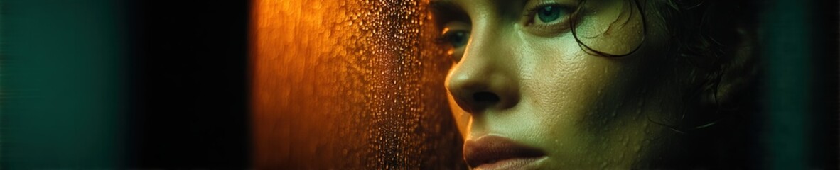 Soft glowing curves of a woman’s body appear through misted glass and condensation, evoking serenity, warmth, and surreal emotional depth.