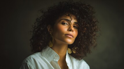 Portrait of a woman with curly hair wearing a white shirt and earrings.
