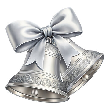 Silver Bells With Ribbon Illustration Metallic Shiny Christmas Celebration Bells Decoration