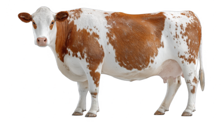A brown and white cow is depicted standing against a plain white background, showcasing its distinctive coat pattern.