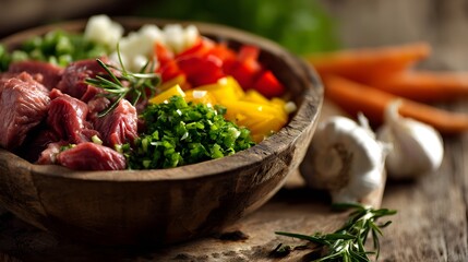 Fresh ingredients for cooking are prepared in a rustic bowl on a wooden table.