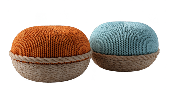 Two knitted round poufs with distinct colors and textures, suitable for home interior decoration.