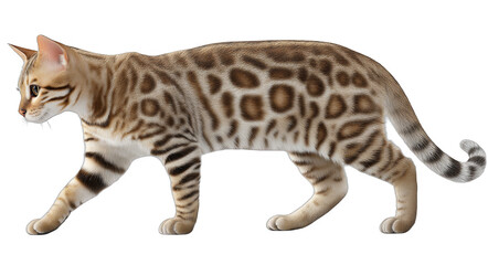 A Bengal cat with distinctive spotted coat is depicted walking, showcasing its unique fur pattern and graceful movement.