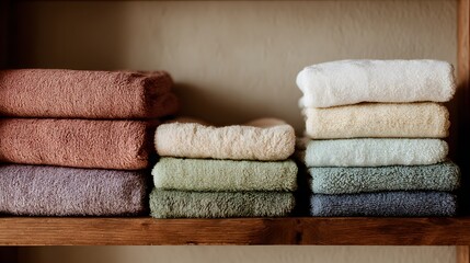 Soft, plush bath towels are neatly stacked in various colors on a wooden shelf.