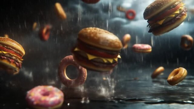 Food items in an artistic storm with burgers donuts and rain