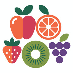 Vibrant flat design illustration of a delicious assortment of fresh fruits including apple orange kiwi strawberry and grapes