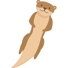 Cute cartoon otter floating on its back with a happy expression and long brown tail against a transparent white background simple illustration