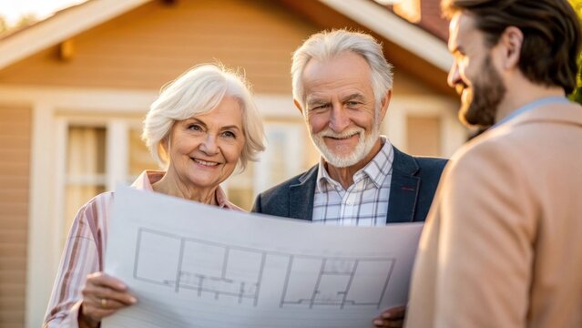 real estate agent senior clients concept. Elderly couple reviewing house plans with a builder outside their home.