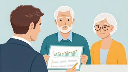 real estate agent senior clients concept. Meeting with a couple discussing financial charts and data insights.