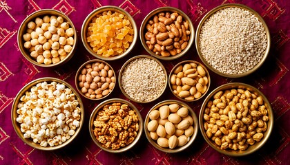 Assortment of healthy Indian dry fruits, nuts, grains, and savory snacks in individual brass bowls on a vibrant red textile