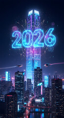 Futuristic City Skyline with Glowing 2026 Sign and Flying Vehicles
