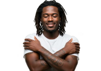 Man hugging himself isolated on transparent background