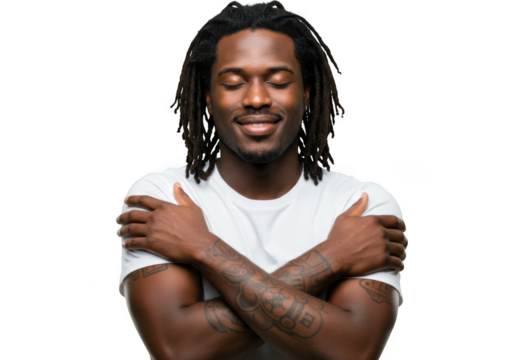 Man hugging himself isolated on transparent background