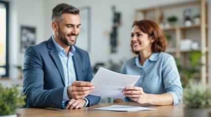 Obraz premium real estate agent senior clients concept. Professionals discussing documents at a modern office table.