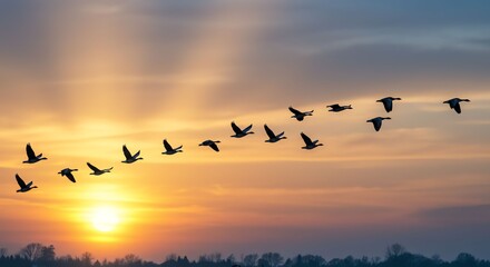 Obraz premium Birds Flying Sunset Sky Scene with Warm Colors and Silhouetted Trees