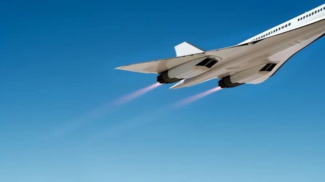 Supersonic airplane low angle view flying showing the jet blast in a blue sky background. Modern very high speed jet airplane.