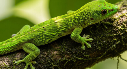 Fototapeta premium Close-up of a gecko clinging to a mossy tree branch, detailed texture of its skin and tiny toes, soft natural sunlight