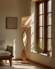 A living room with a couch and a lamp