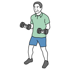ダンベルで筋トレをするシニア男性のイラスト