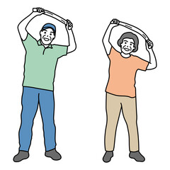 タオル体操をする高齢の男女のイラスト