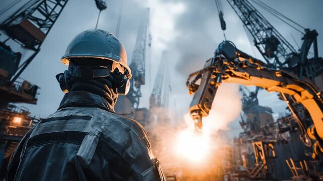 Construction Worker Amidst Heavy Machinery: A diligent construction worker, donned in a hard hat and safety gear, oversees the complex operation of towering cranes and industrial equipment.