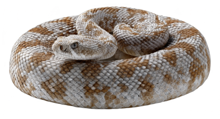 A coiled rattlesnake displaying its unique brown and white patterned scales, showcasing its reptilian features.