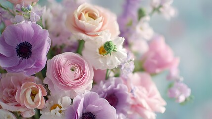 Pastel floral arrangement with delicate petals and soft lighting.