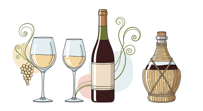 Elegant wine bottles and glasses with decorative elements. - Powered by Adobe