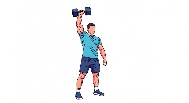 Man lifting dumbbell overhead fitness illustration strength training exercise.