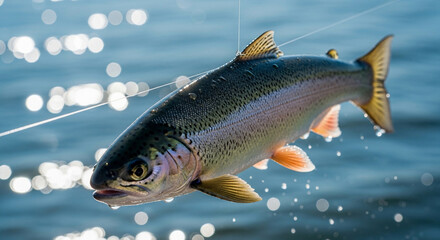 Macro shot of a freshly caught fish hanging from a fishing line, bright outdoor daylight, sparkling water in the background