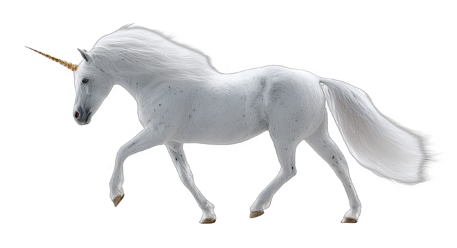 A white unicorn with a golden horn is depicted in mid - run, showcasing its elegant and mythical appearance.