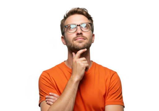 Man in orange tshirt thinking, isolated on transparent background