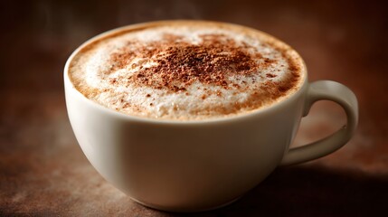 Hot cappuccino with cinnamon topping sits in a white mug.